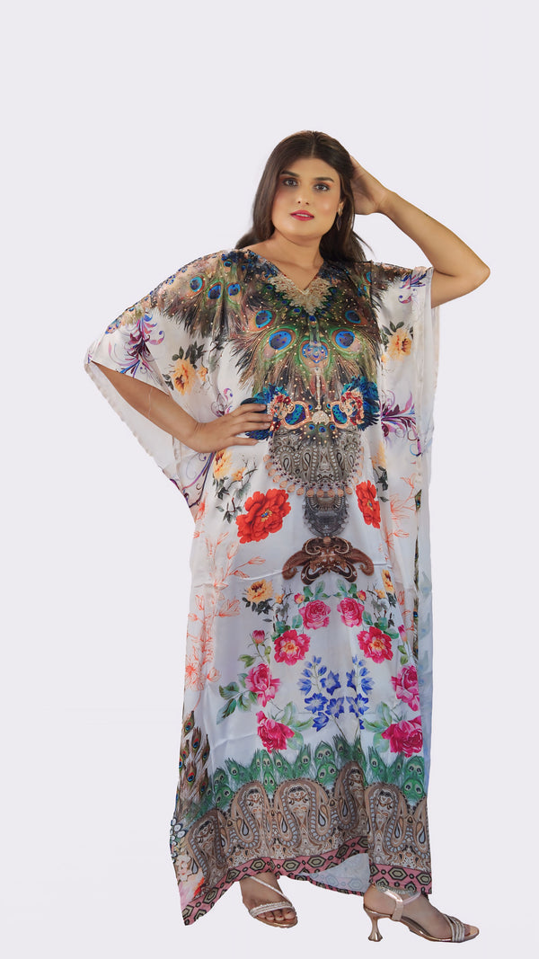 Peacock and Flower Print Kaftan