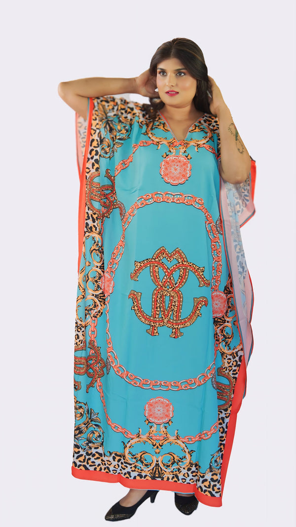 Vibrant Sky Blue and Orange Kaftan