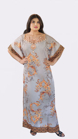 Elegant Grey Kaftan with Gold Print