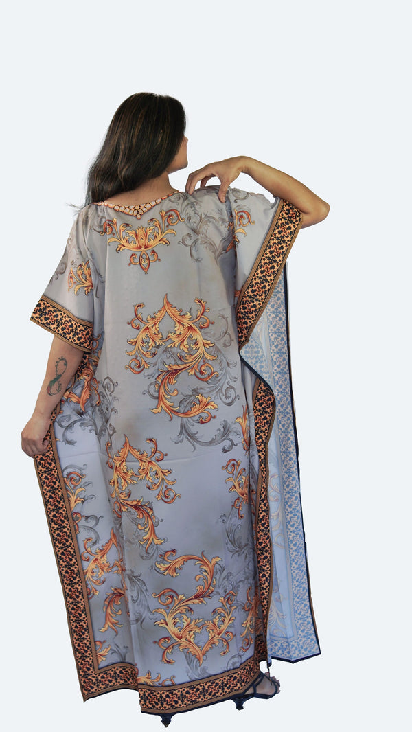 Elegant Grey Kaftan with Gold Print